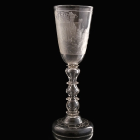 Germany, large engraved glass goblet with armorial and martial scene, Bohemian or Thuringian