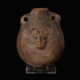Ancient Roman terracotta Ampulla with Radiate Bust of Sol Invictus