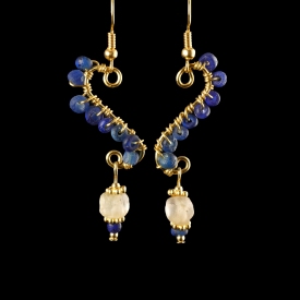 Earrings with Roman wire-wrapped blue and semi-translucent glass beads