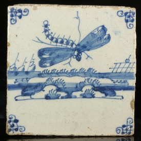 Dutch Delft blue and white tile with Dragonfly