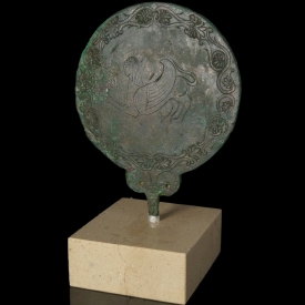 Ancient Etruscan bronze hand mirror, engraved with Sphinx