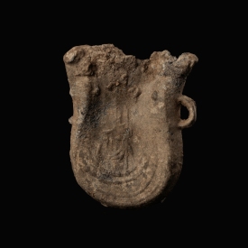 Medieval lead pilgrims ampulla with a crowned crest and a ship