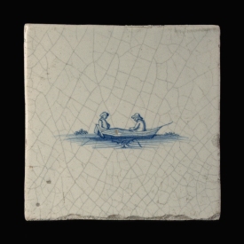 Dutch Delft blue and white tile with two people in a rowing boat