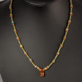 Necklace with ancient Egyptian multicoloured faience beads and carnelian poppy amulet