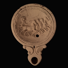 Ancient Roman Terracotta Oil Lamp with Quadriga and Charioteer