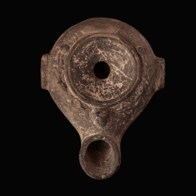 Ancient Greek Hellenistic Black-Slipped Oil Lamp with Medusa Head