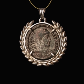 Silver Laurel Wreath Pendant with Roman Coin of Constantius II, Emperor on Galley Type
