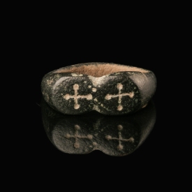 Medieval Bronze Ring with Double Cross Pommée Decoration