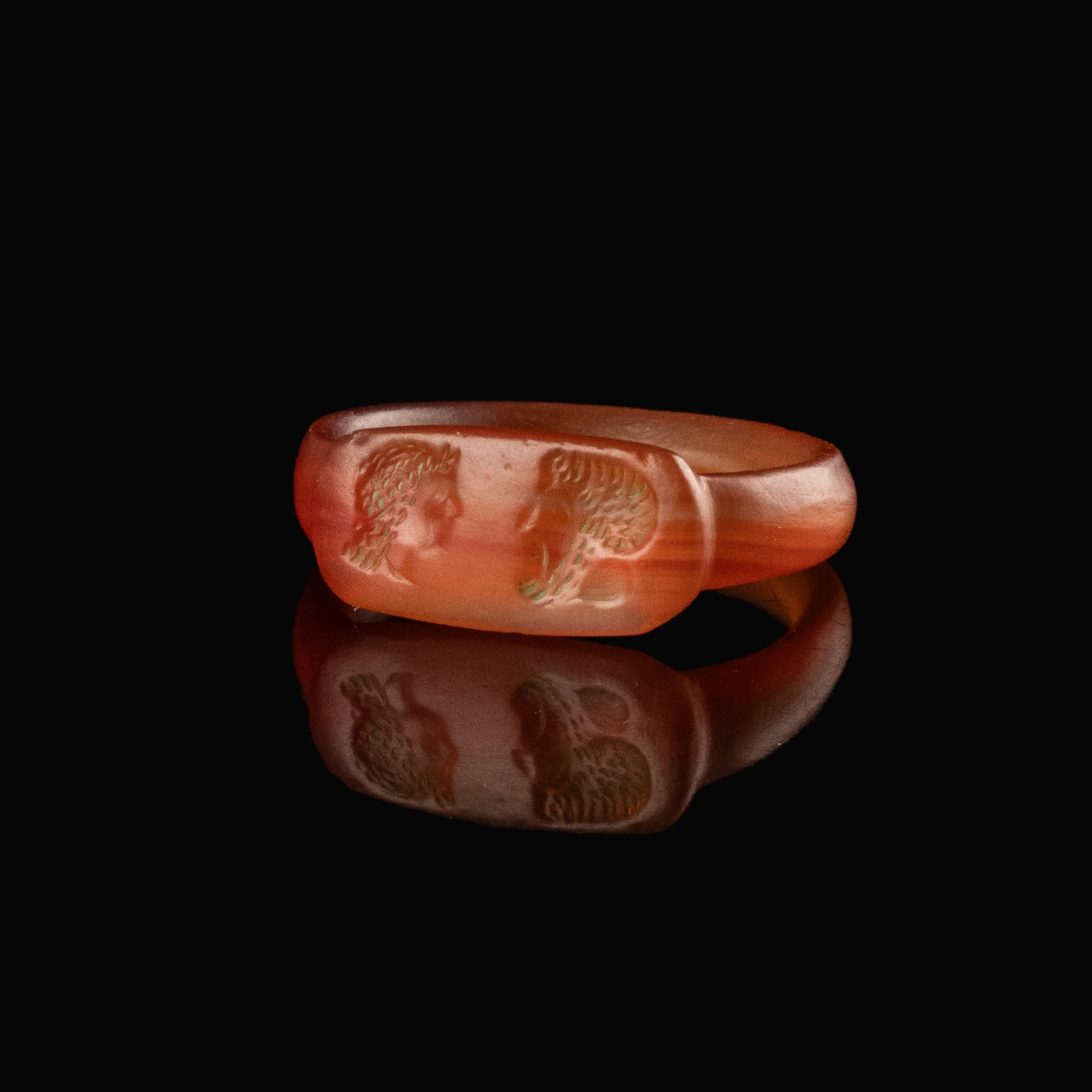 Ancient Egyptian Carnelian Seal Ring with Opposed Profile Busts