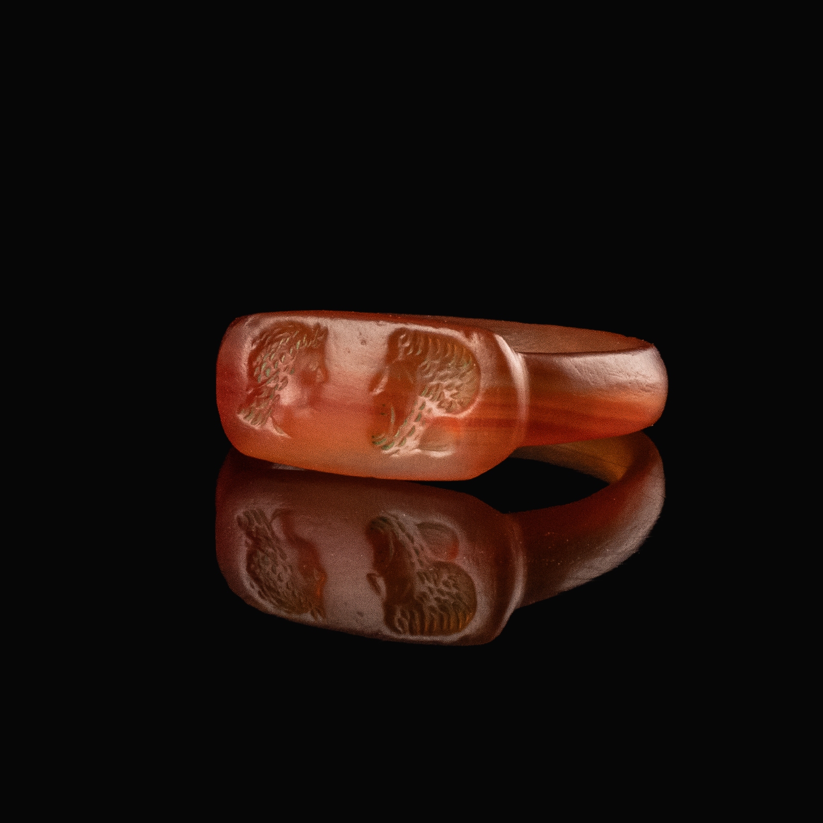 Ancient Egyptian Carnelian Seal Ring with Opposed Profile Busts