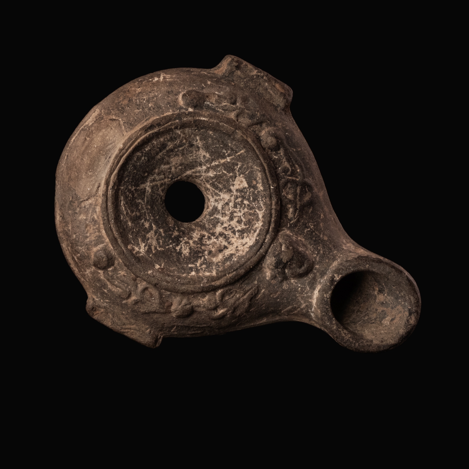 Ancient Greek Hellenistic Black-Slipped Oil Lamp with Medusa Head