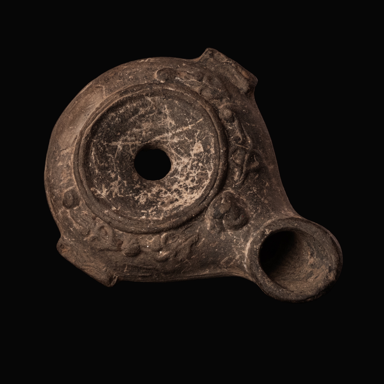 Ancient Greek Hellenistic Black-Slipped Oil Lamp with Medusa Head