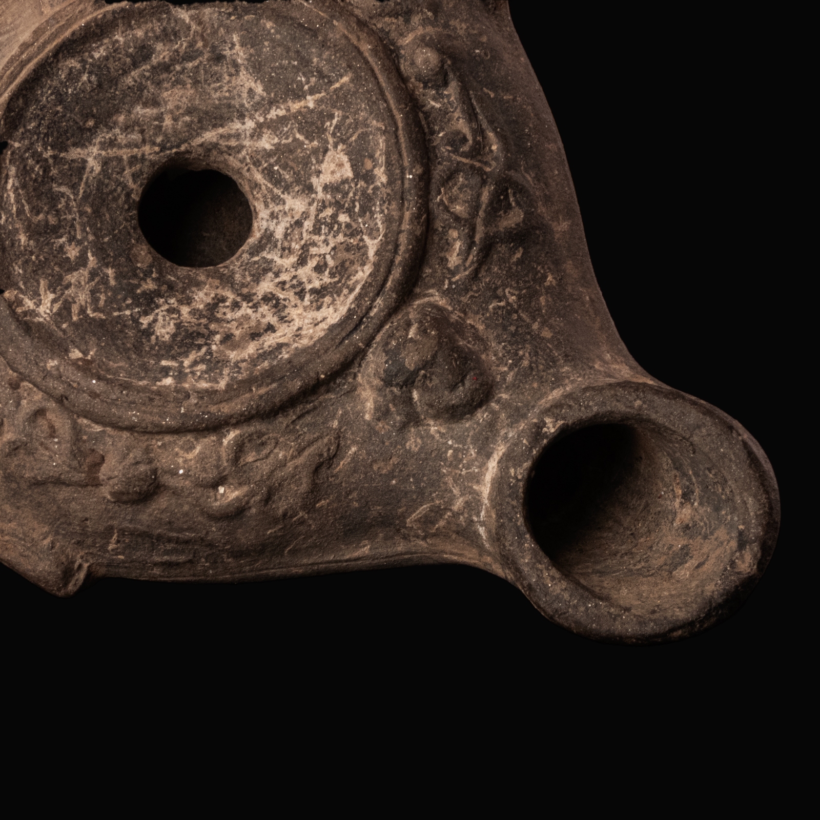 Ancient Greek Hellenistic Black-Slipped Oil Lamp with Medusa Head