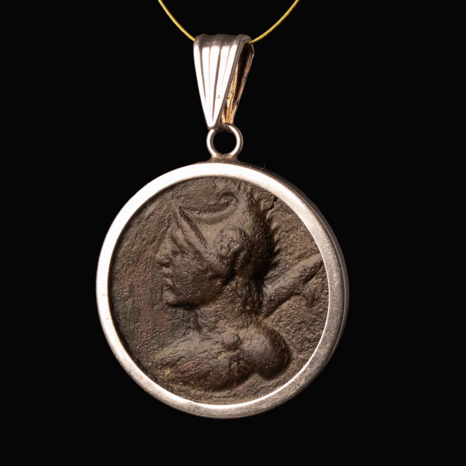 Ancient Roman Appliqué of Moon God Mên in a modern Sterling Silver Pendant