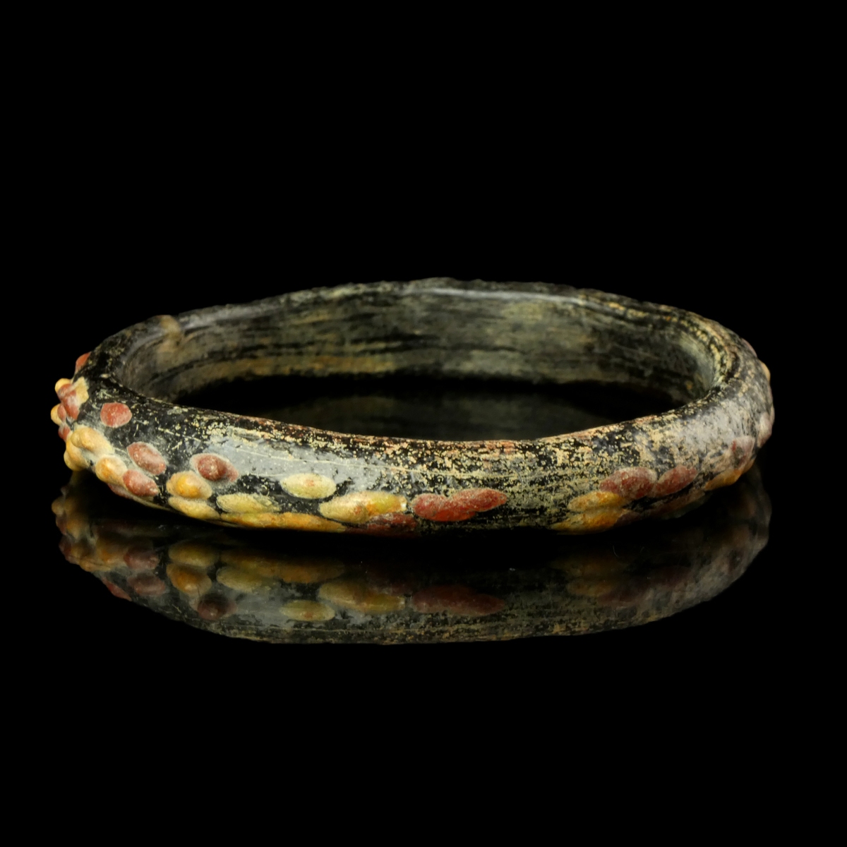 Ancient Roman Black Glass Bangle / Bracelet with Red and Yellow Marbling