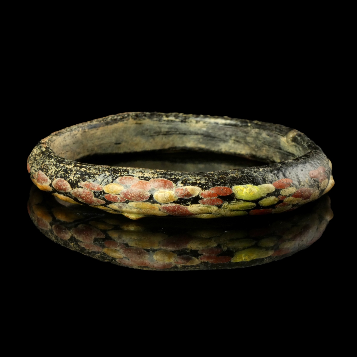 Ancient Roman Black Glass Bangle / Bracelet with Red and Yellow Marbling