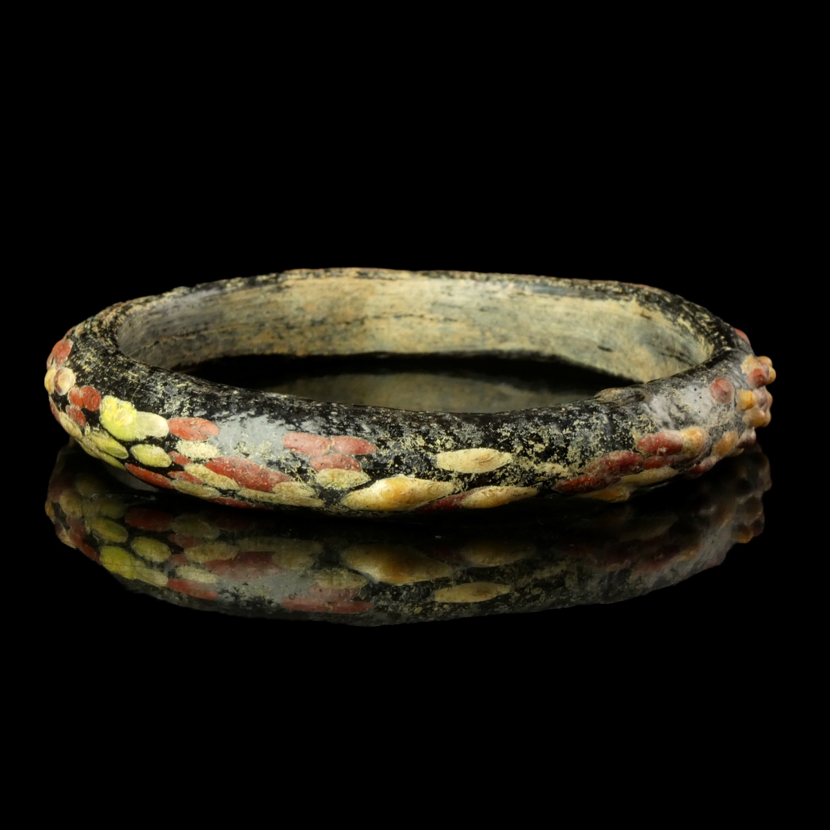 Ancient Roman Black Glass Bangle / Bracelet with Red and Yellow Marbling