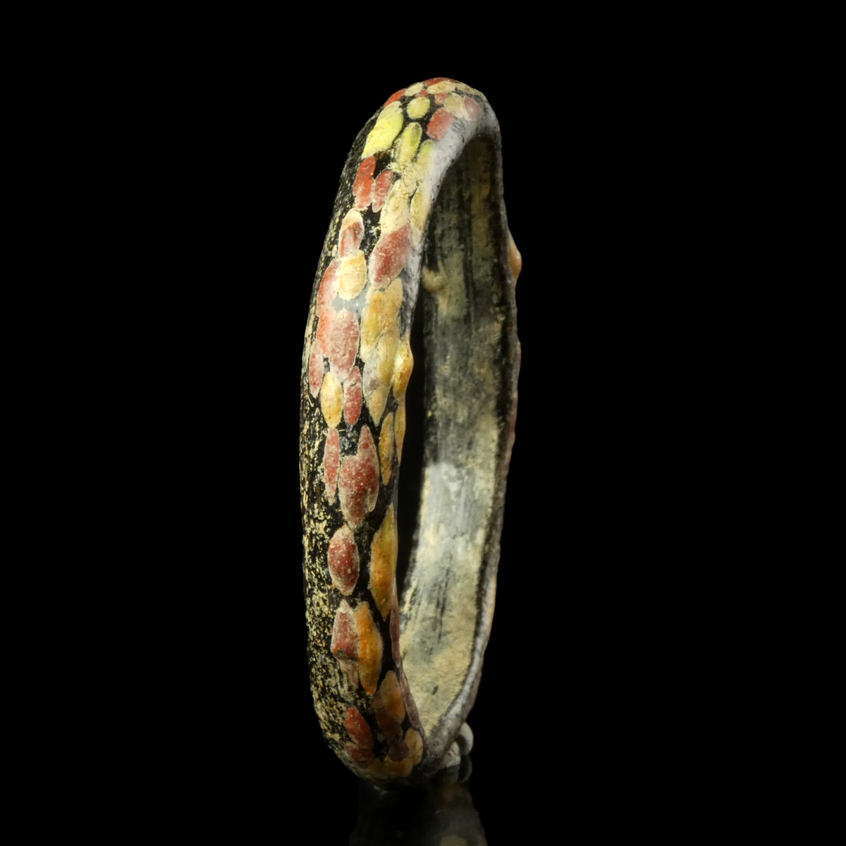 Ancient Roman Black Glass Bangle / Bracelet with Red and Yellow Marbling