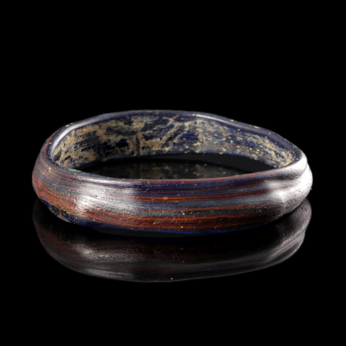 Ancient Roman Blue Glass Bangle / Bracelet with Red-Brown Stripes