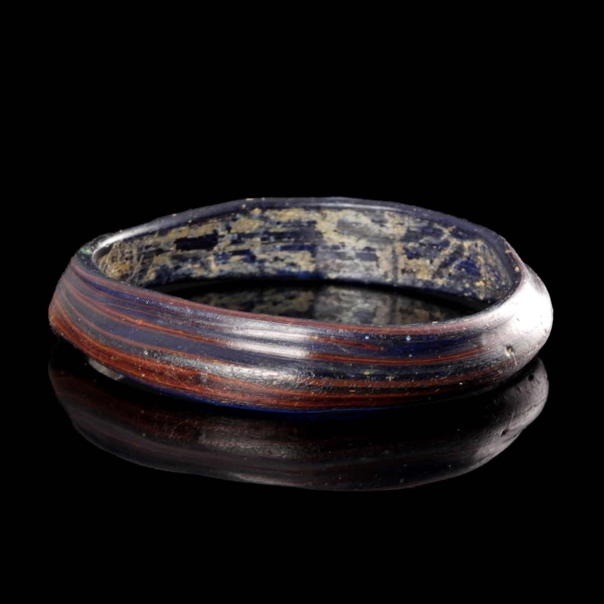 Ancient Roman Blue Glass Bangle / Bracelet with Red-Brown Stripes