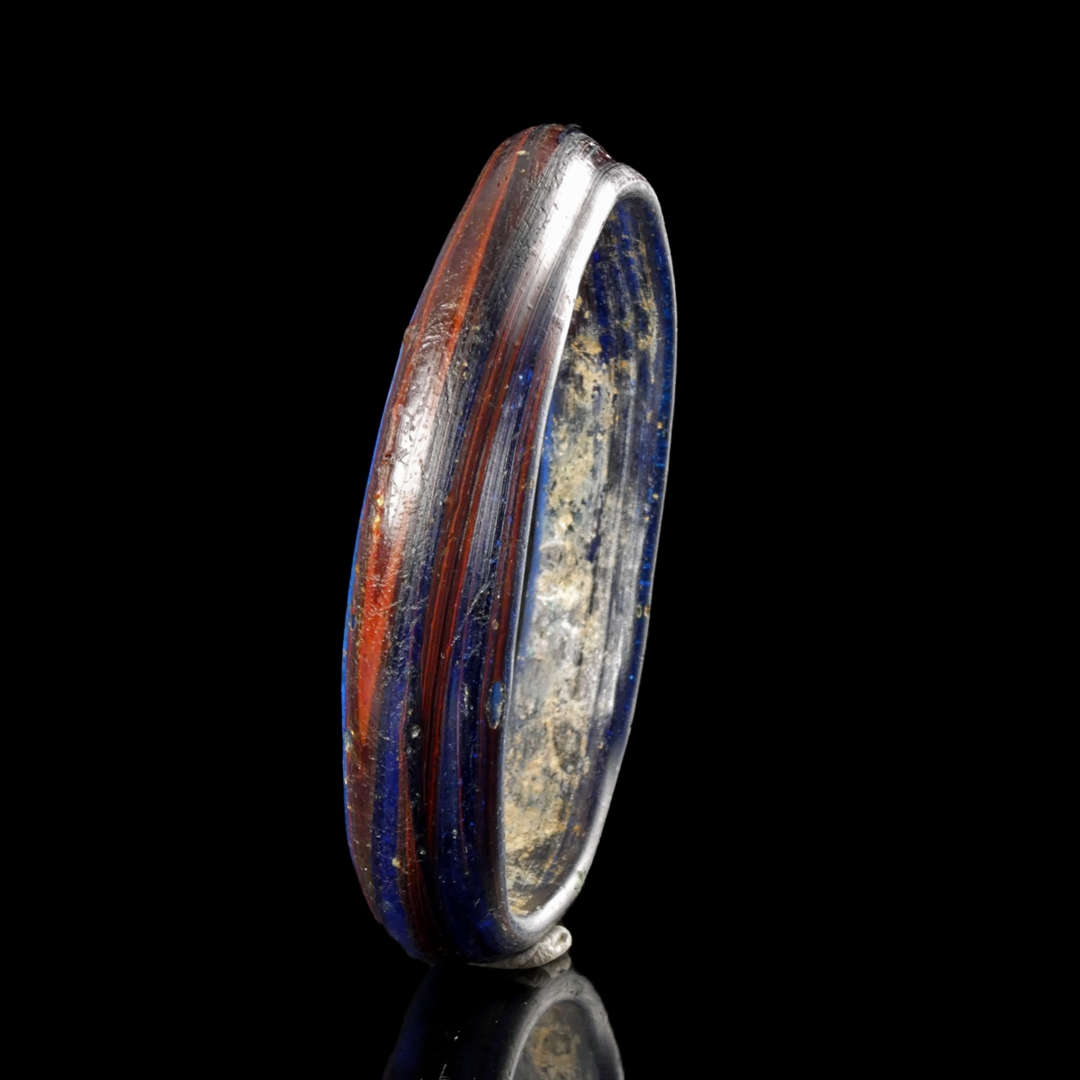 Ancient Roman Blue Glass Bangle / Bracelet with Red-Brown Stripes