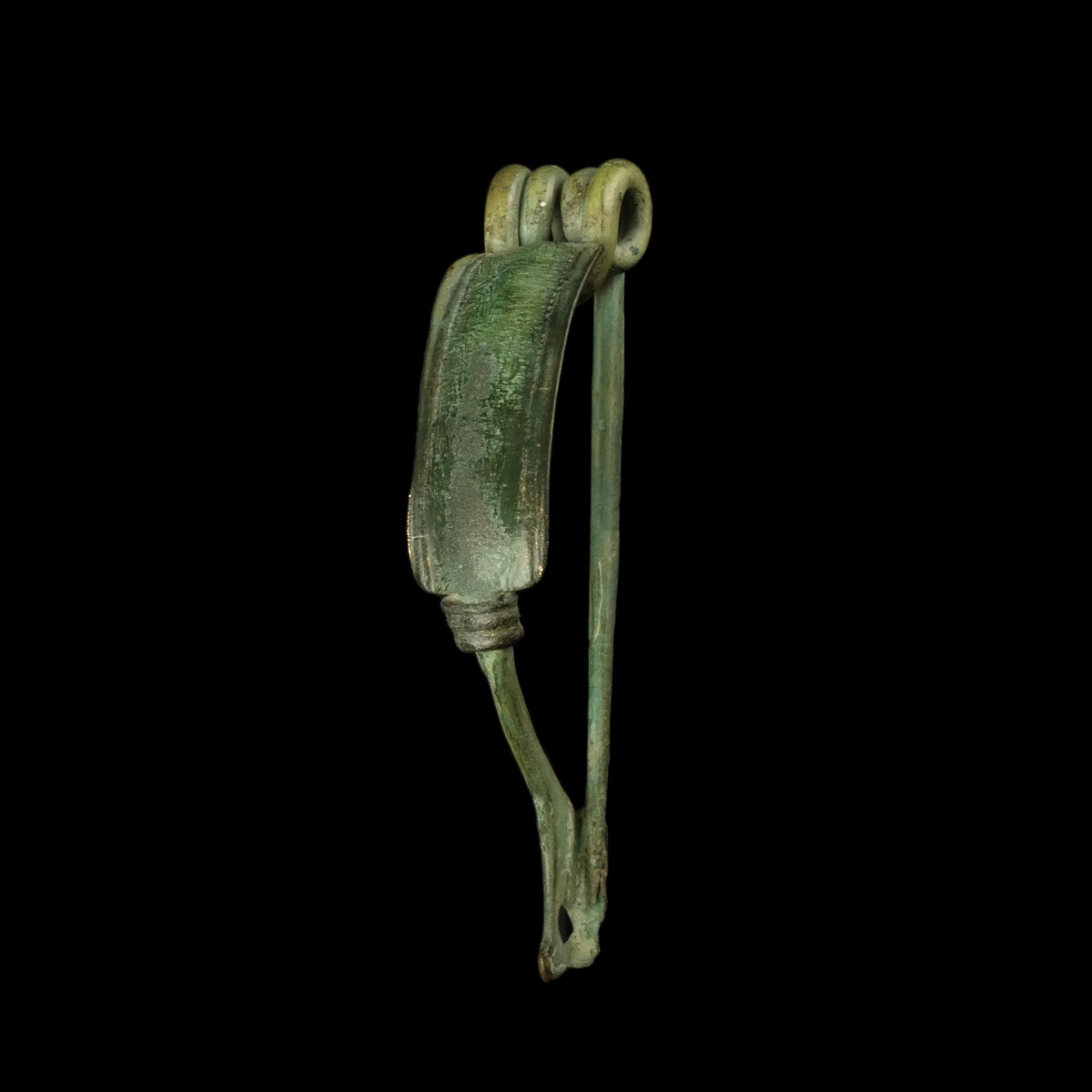 Ancient Roman bronze decorated bow fibula with wolf's head foot