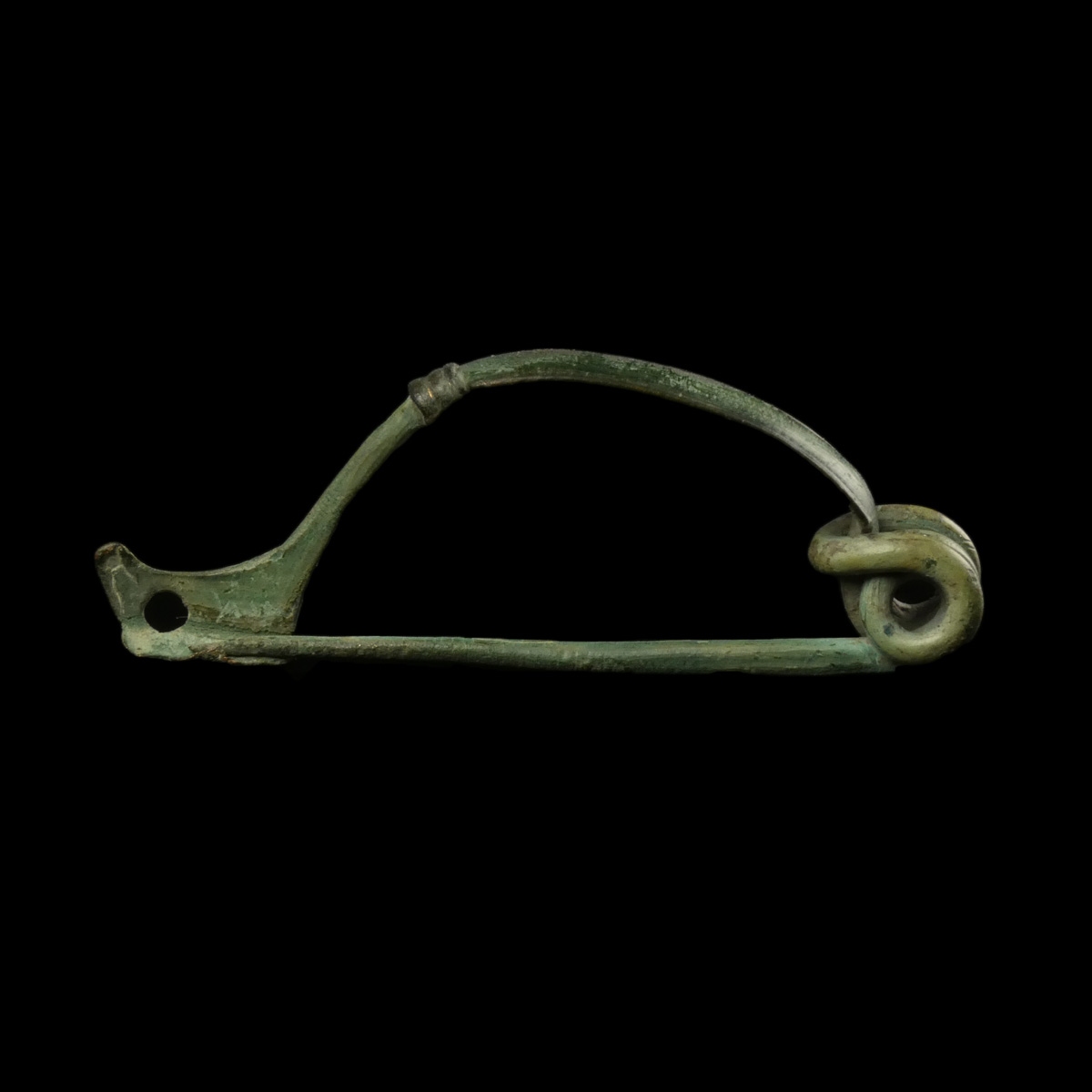 Ancient Roman bronze decorated bow fibula with wolf's head foot