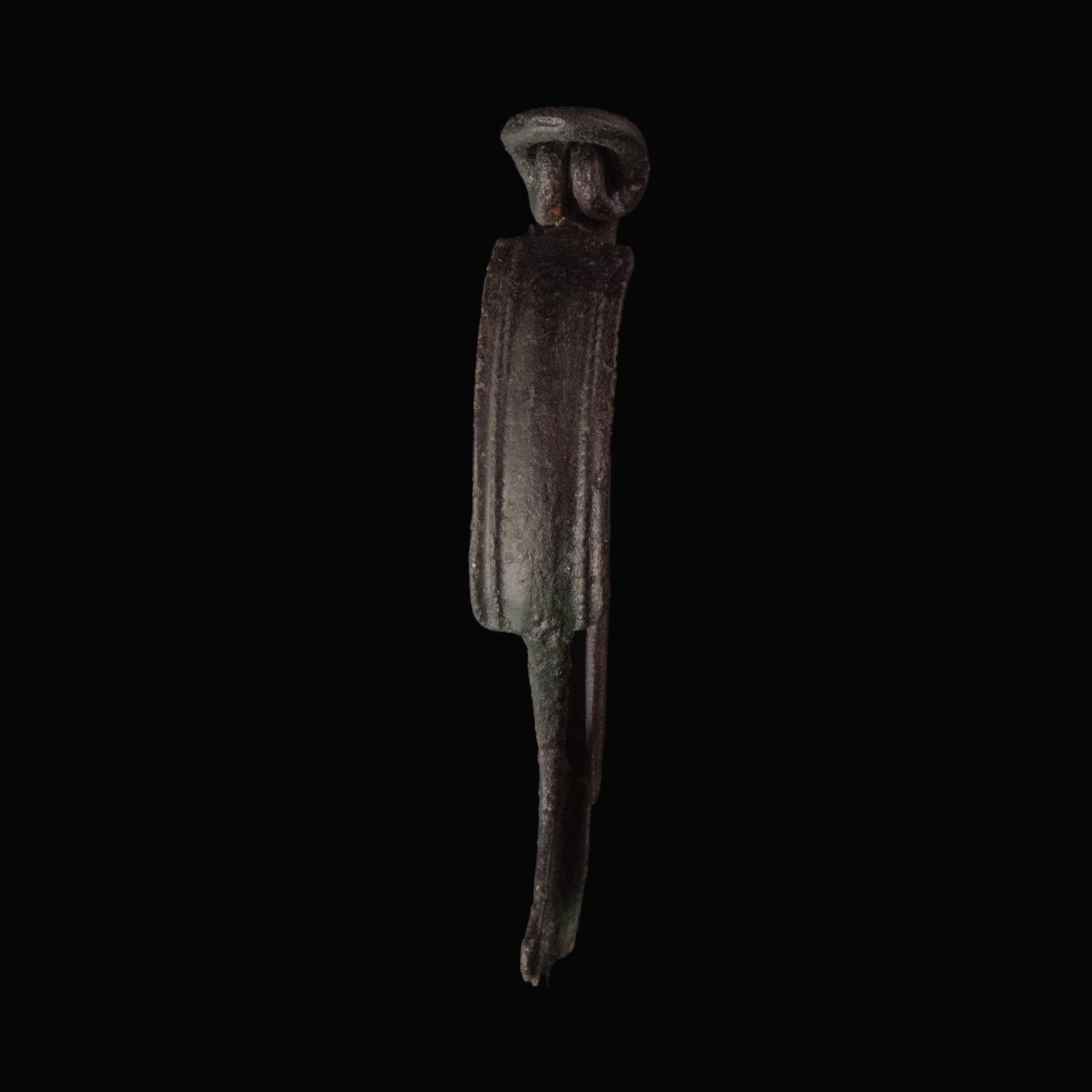 Ancient Roman bronze decorated bow fibula with wolf's head foot