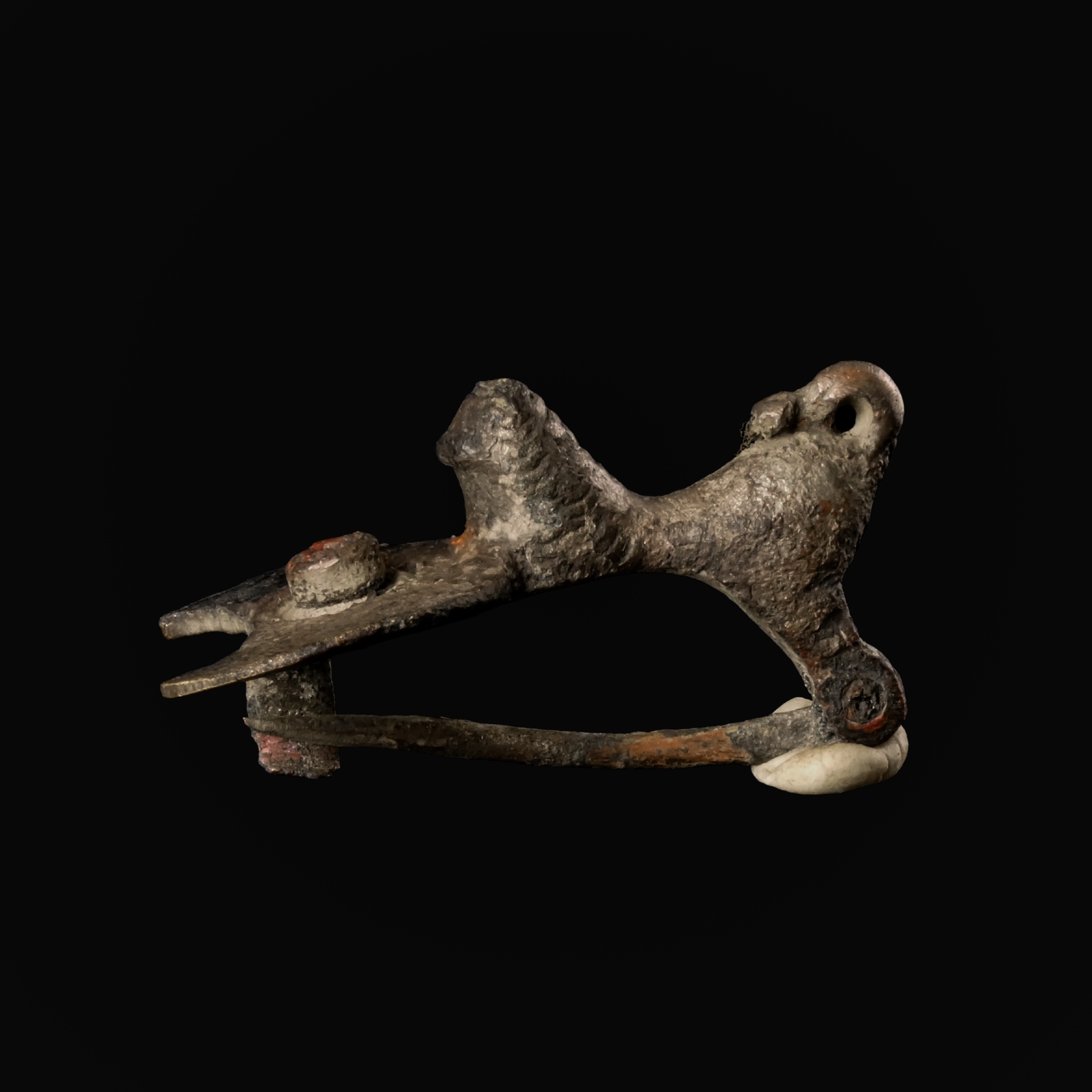 Ancient Roman Bronze Fibula Depicting a Lion with a Lunula