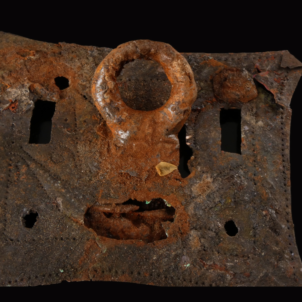 Ancient Roman bronze lock plates, one with iron key