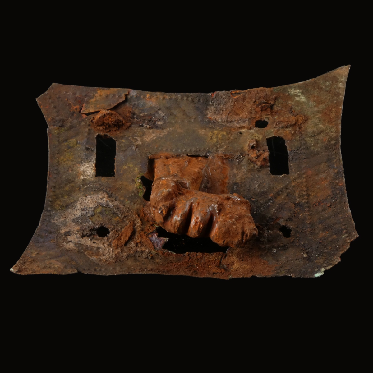 Ancient Roman bronze lock plates, one with iron key