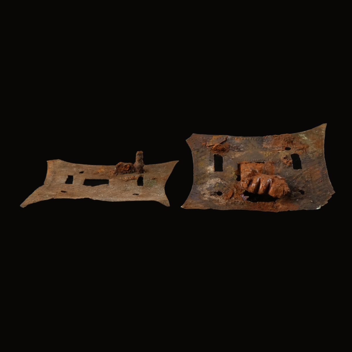 Ancient Roman bronze lock plates, one with iron key
