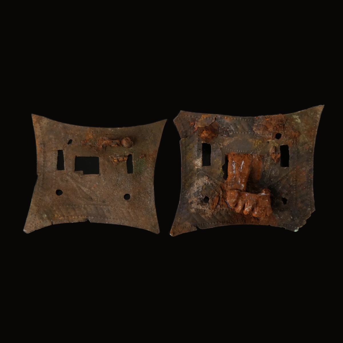 Ancient Roman bronze lock plates, one with iron key