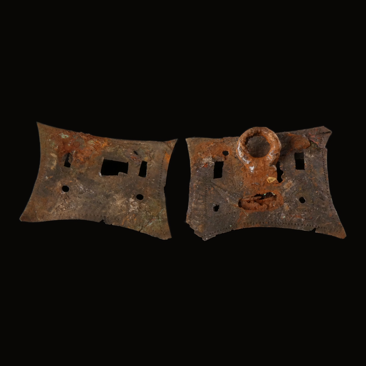Ancient Roman bronze lock plates, one with iron key