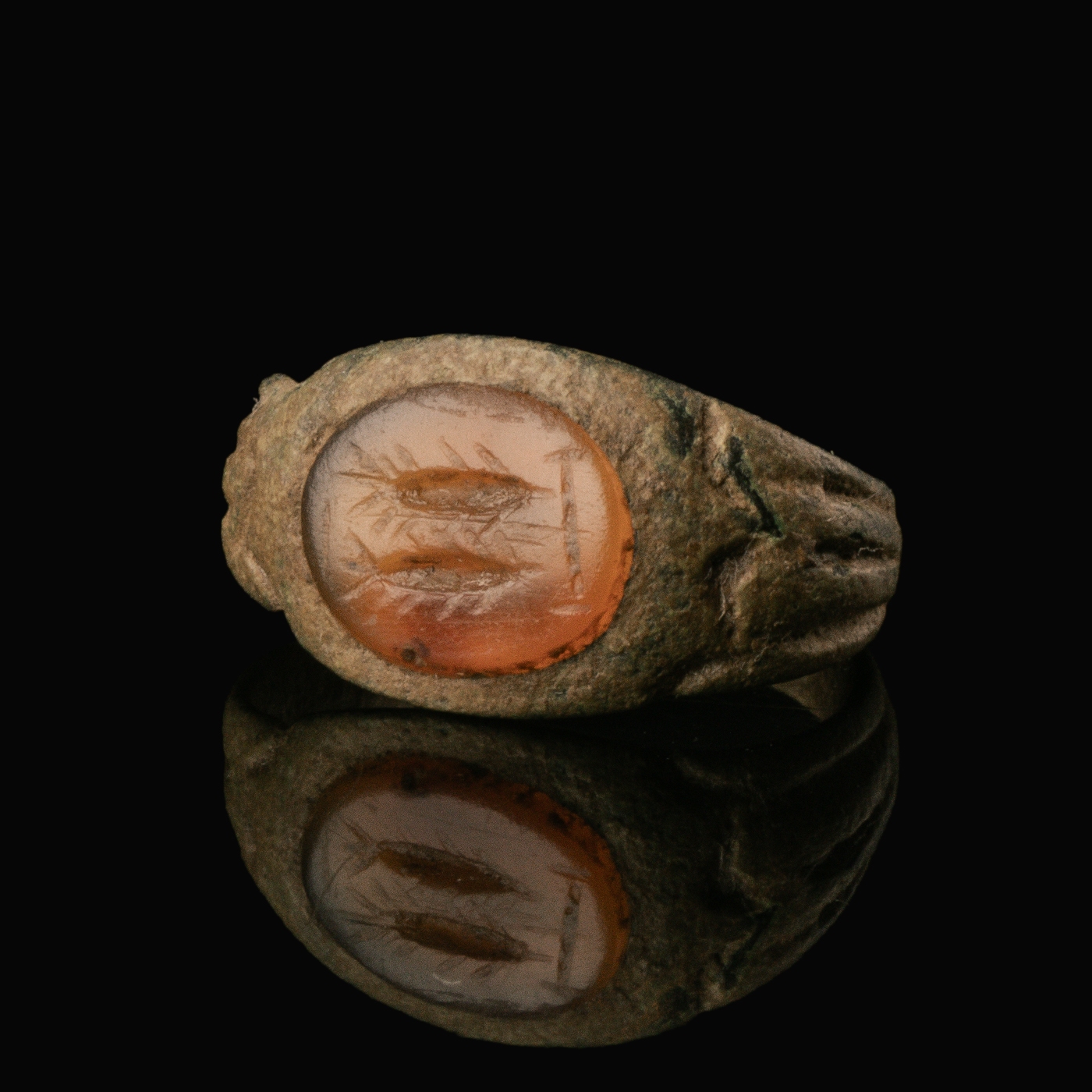 Ancient Roman Bronze Seal Ring with Carnelian Intaglio