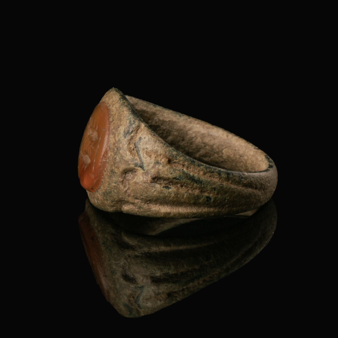 Ancient Roman Bronze Seal Ring with Carnelian Intaglio