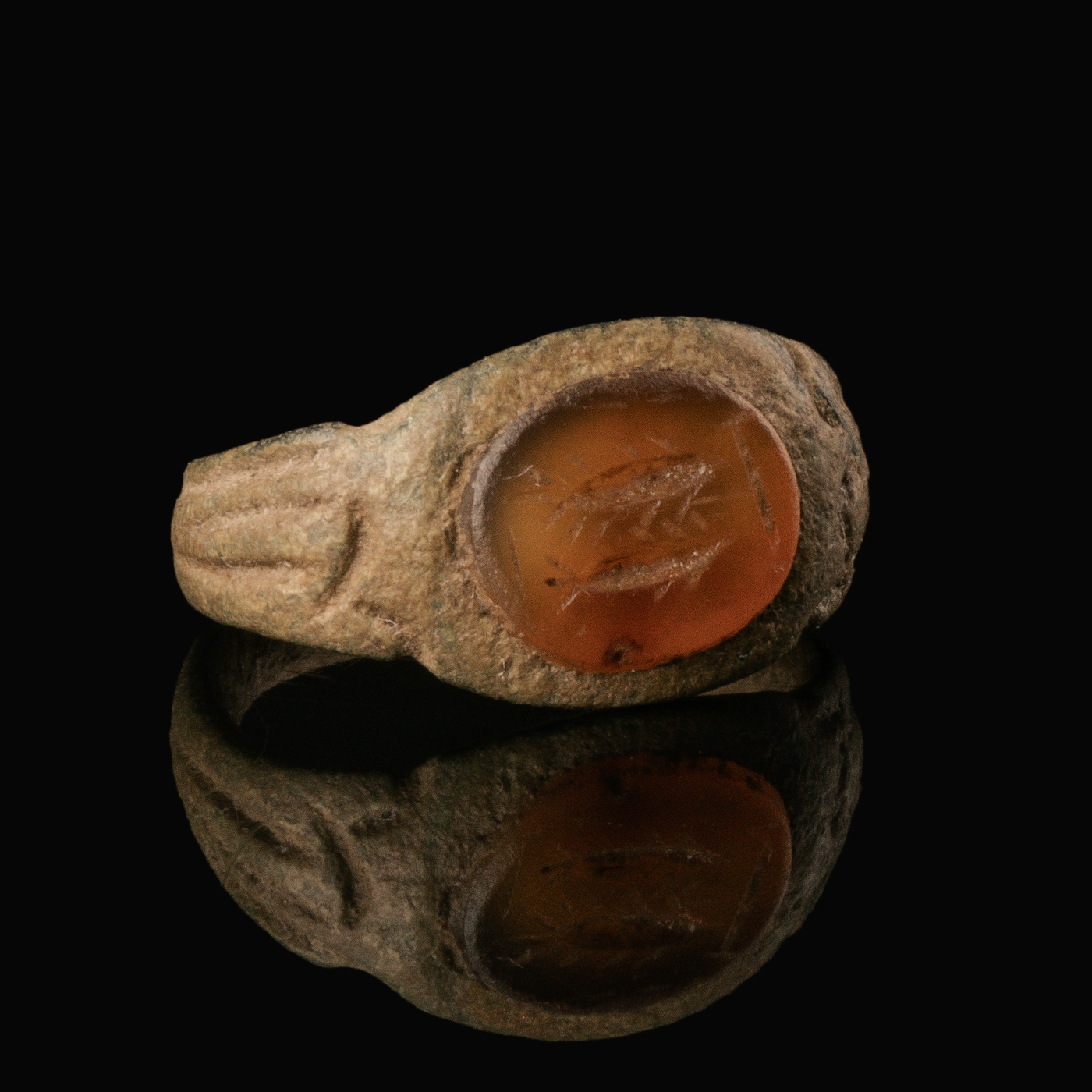 Ancient Roman Bronze Seal Ring with Carnelian Intaglio