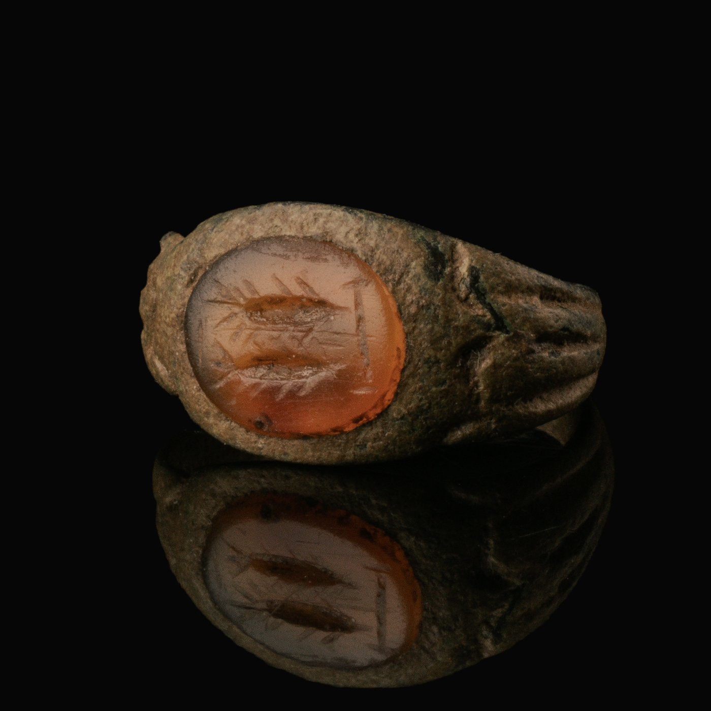 Ancient Roman Bronze Seal Ring with Carnelian Intaglio