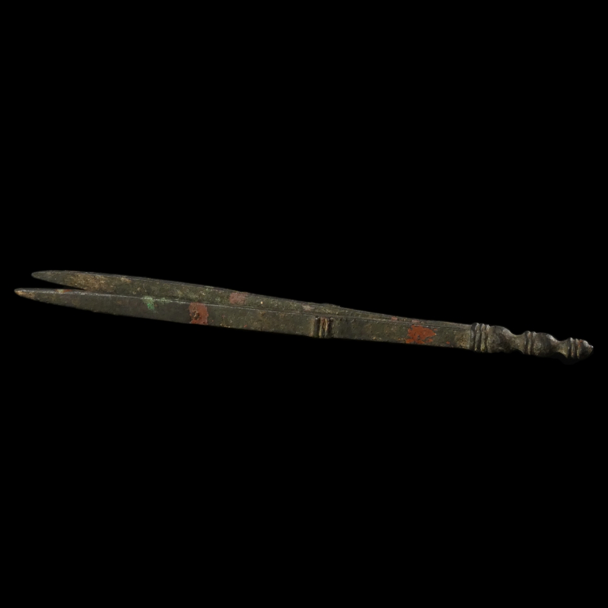 Ancient Roman decorated bronze medical or cosmetic pair of tweezers, large size