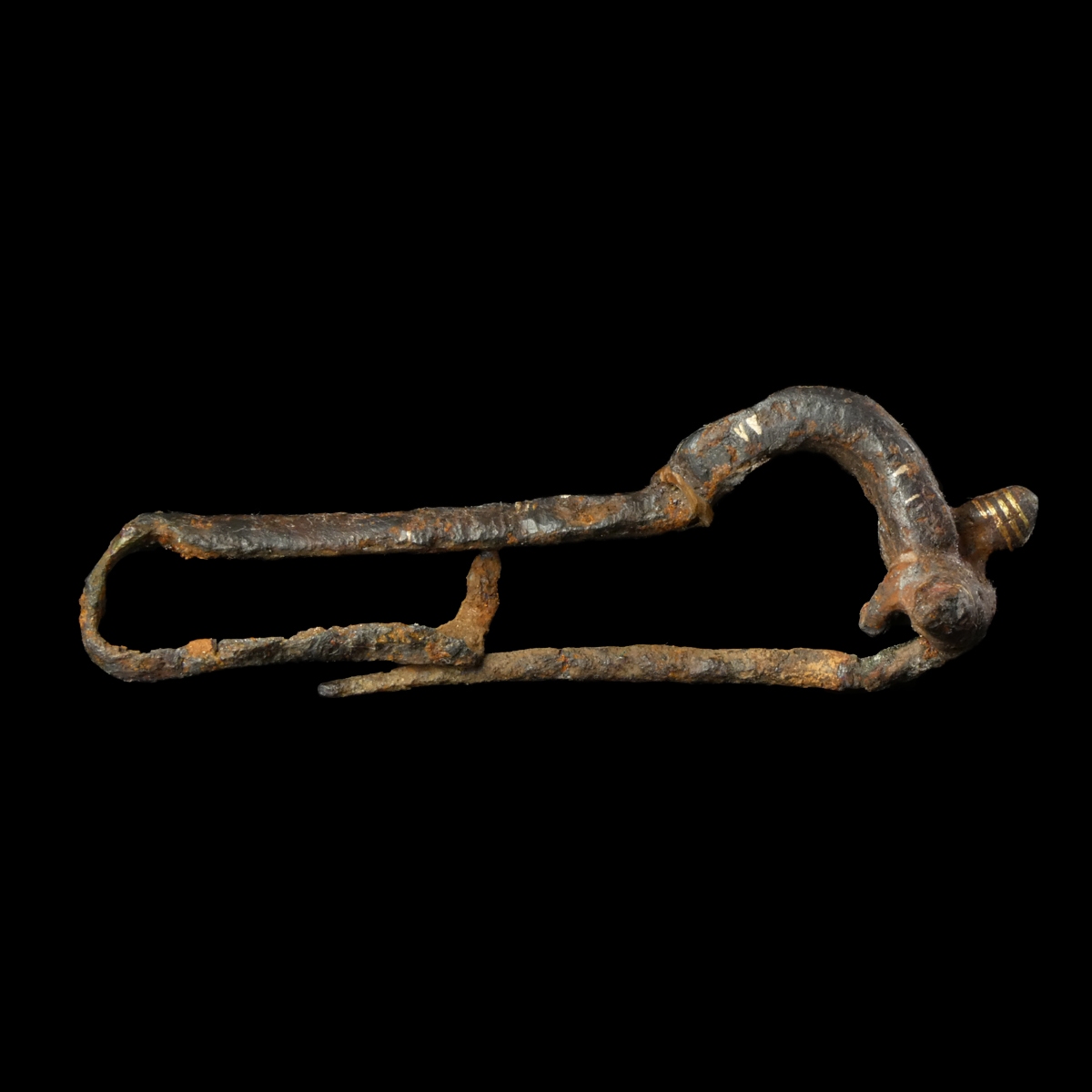 Ancient Roman iron fibula with gold inlay, rare