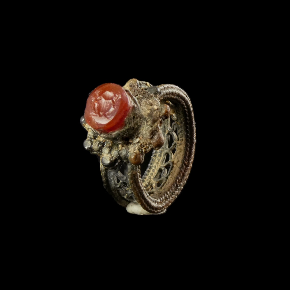 Ancient Roman silver childs ring, stone Beetle intaglio