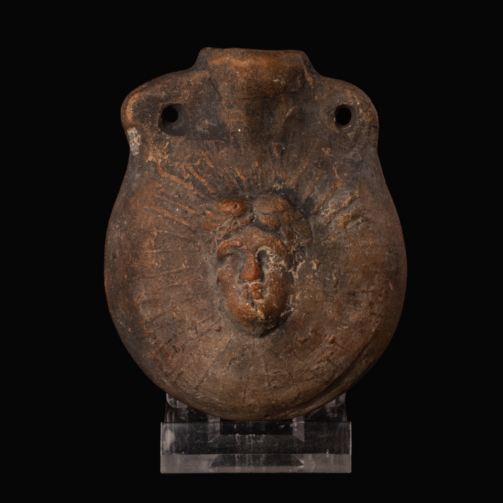 Ancient Roman terracotta Ampulla with Radiate Bust of Sol Invictus