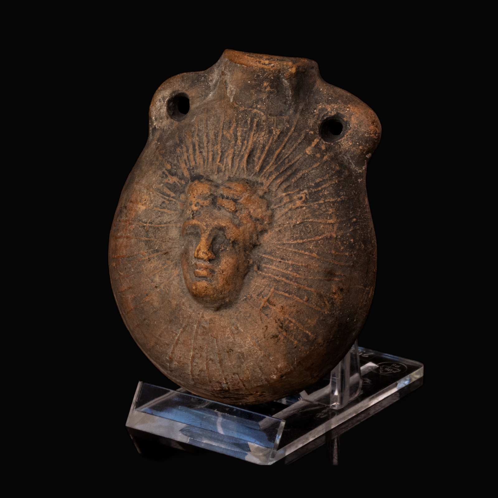 Ancient Roman terracotta Ampulla with Radiate Bust of Sol Invictus