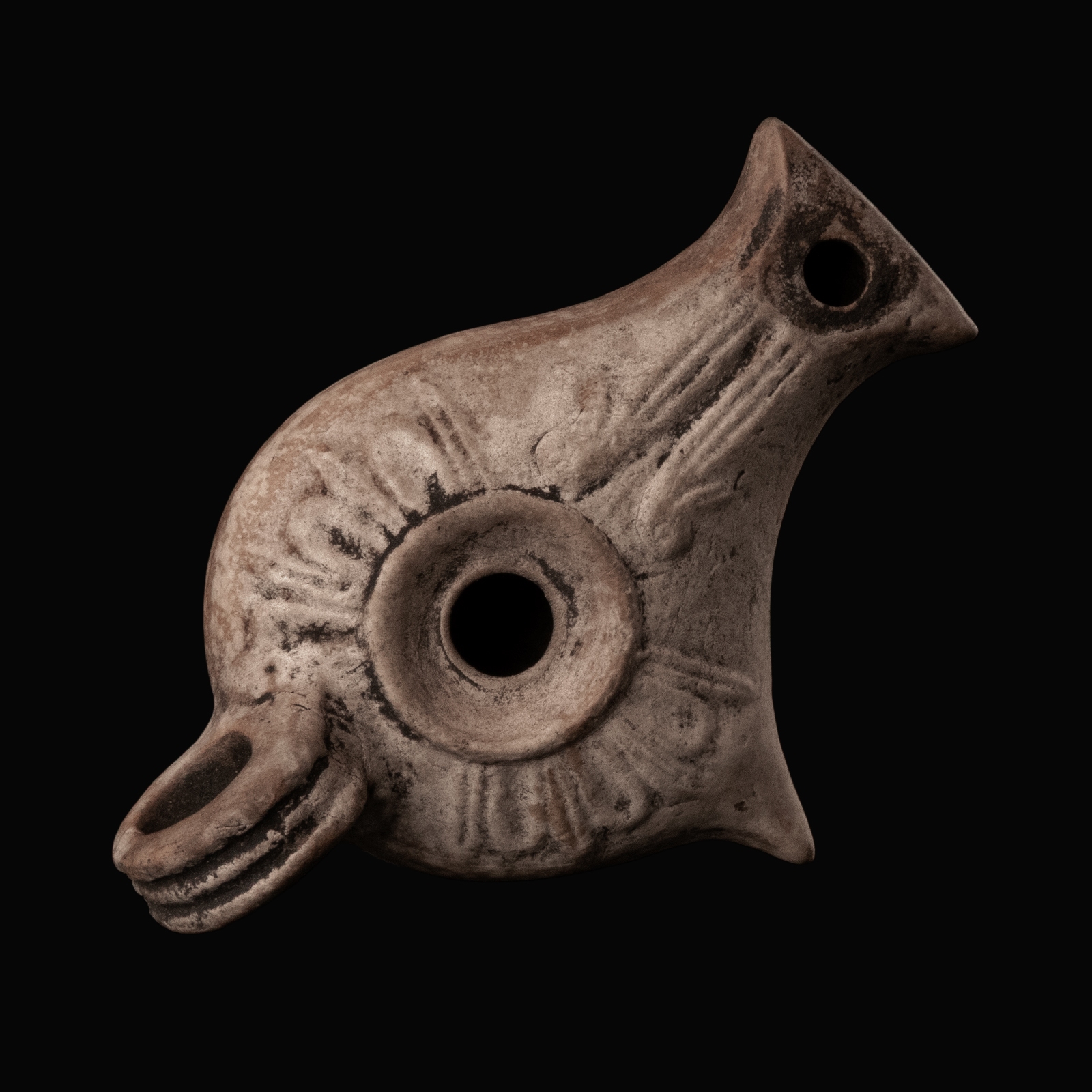Ancient Roman Terracotta Oil Lamp, 'Vogelkopflampe' or 'Bird's-head Lamp'
