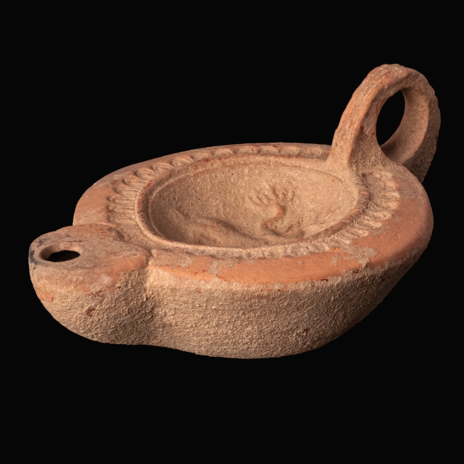 Ancient Roman Terracotta Oil Lamp with Dolphins