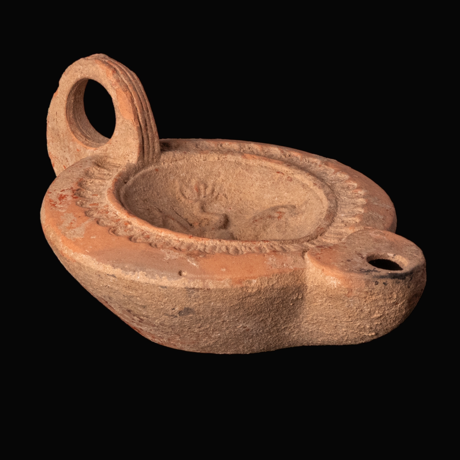 Ancient Roman Terracotta Oil Lamp with Dolphins