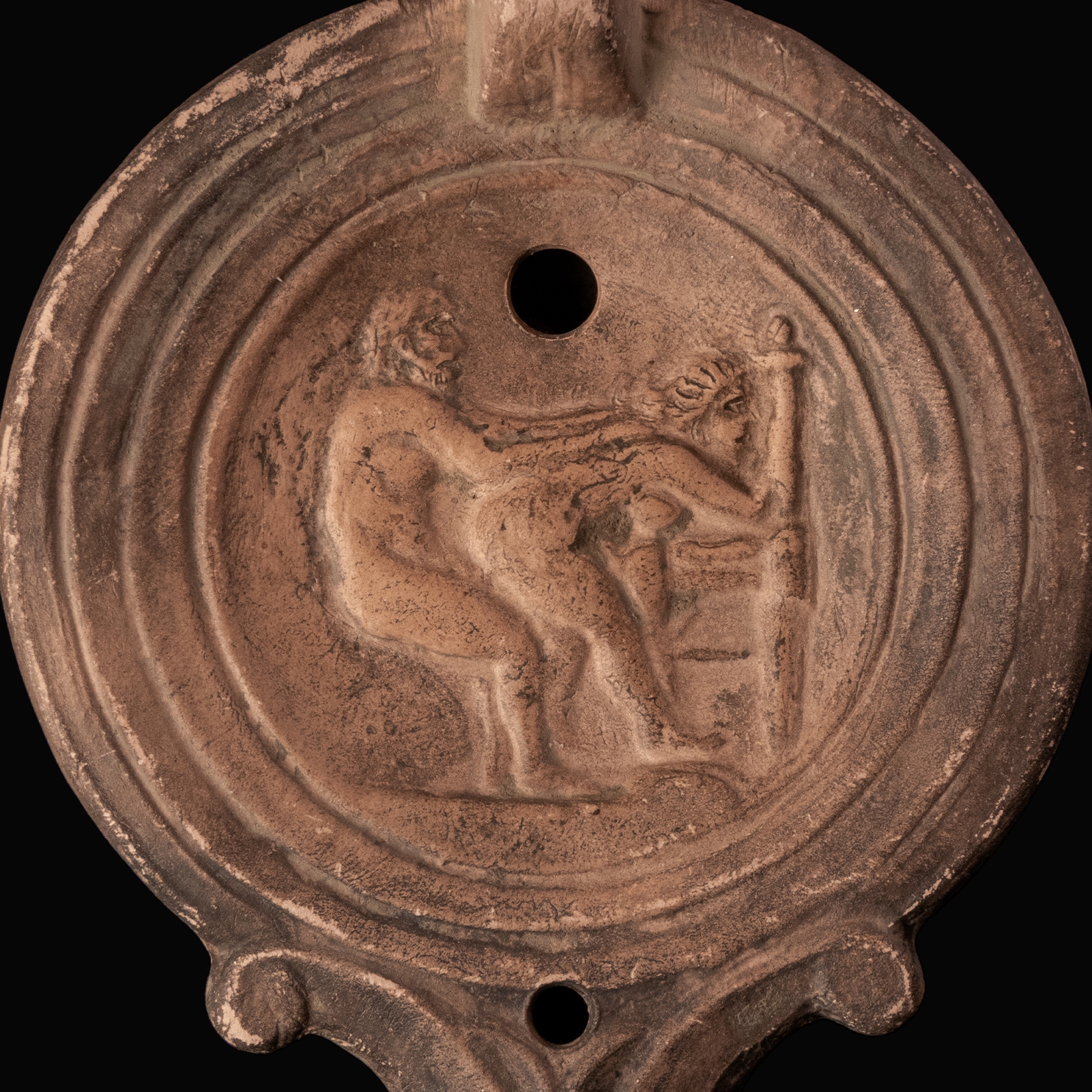 Ancient Roman Terracotta Oil Lamp with Erotic Scene