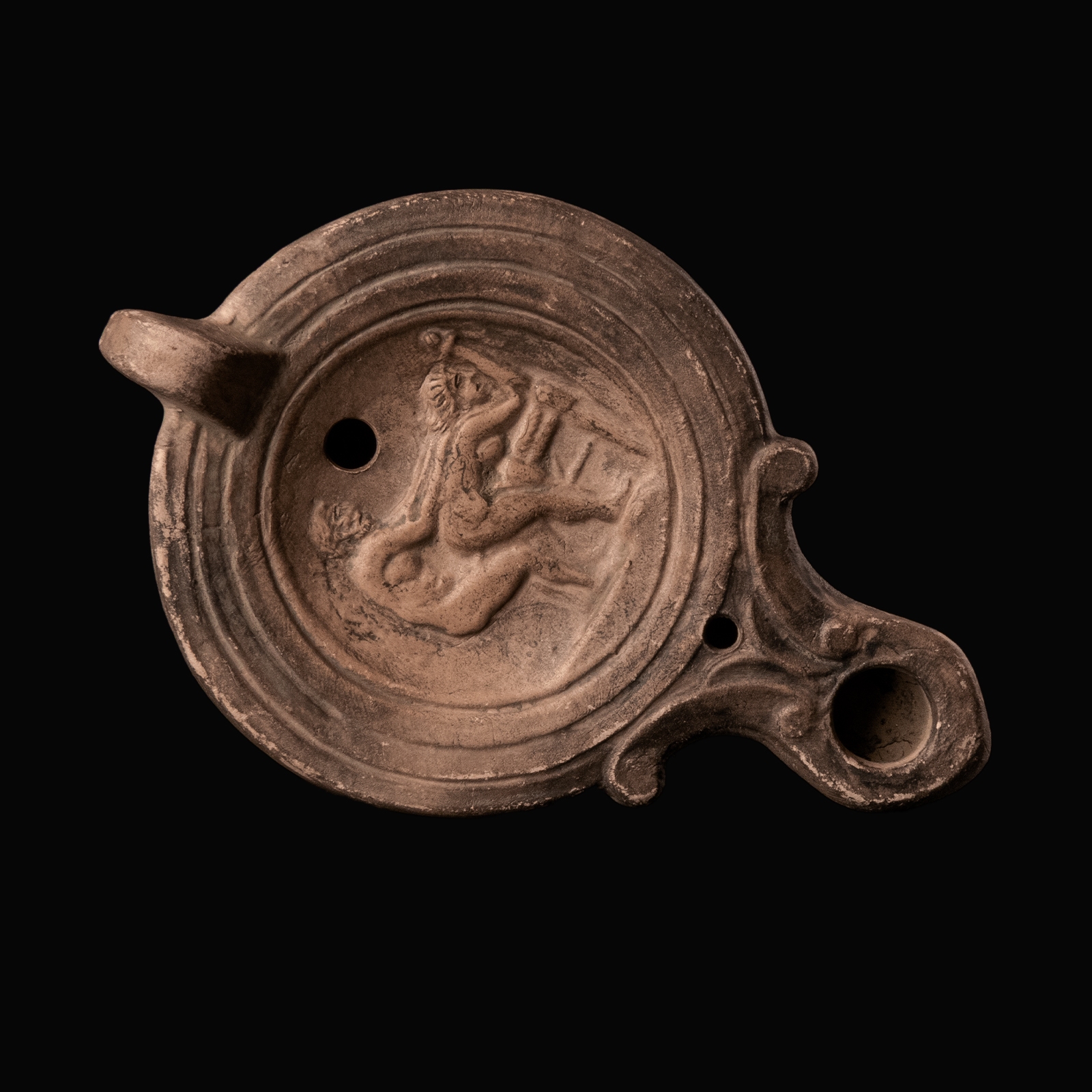 Ancient Roman Terracotta Oil Lamp with Erotic Scene