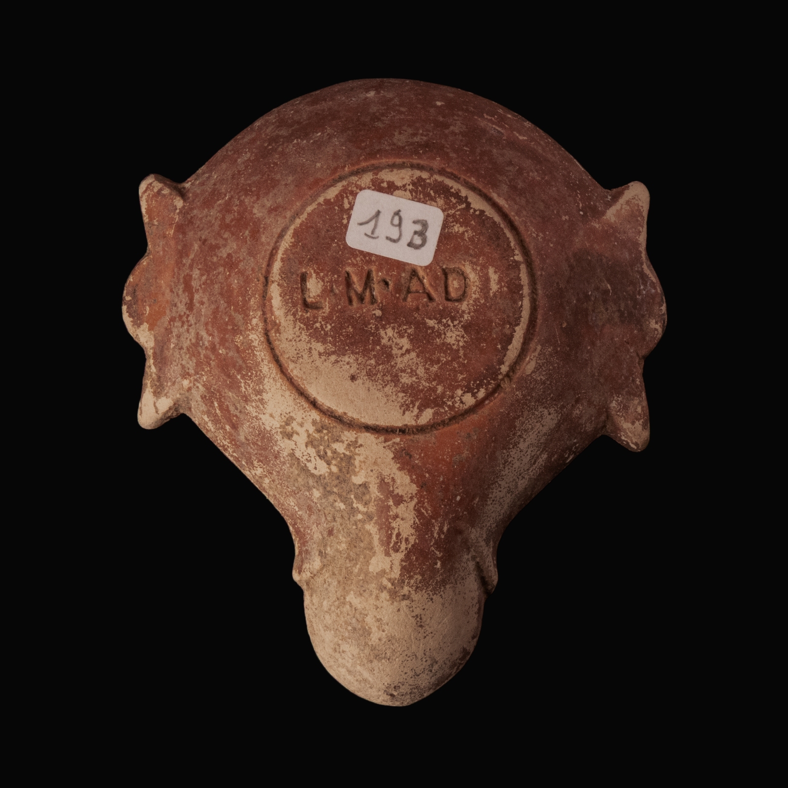 Ancient Roman Terracotta Oil Lamp with Maker's Mark L·M·AD (Lucius Munatius Adiectus)