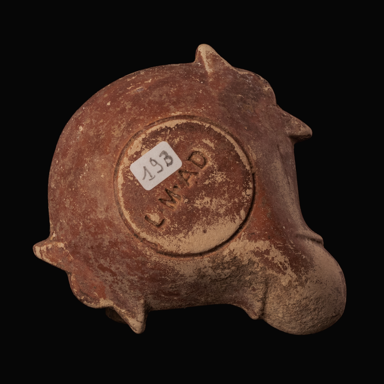 Ancient Roman Terracotta Oil Lamp with Maker's Mark L·M·AD (Lucius Munatius Adiectus)